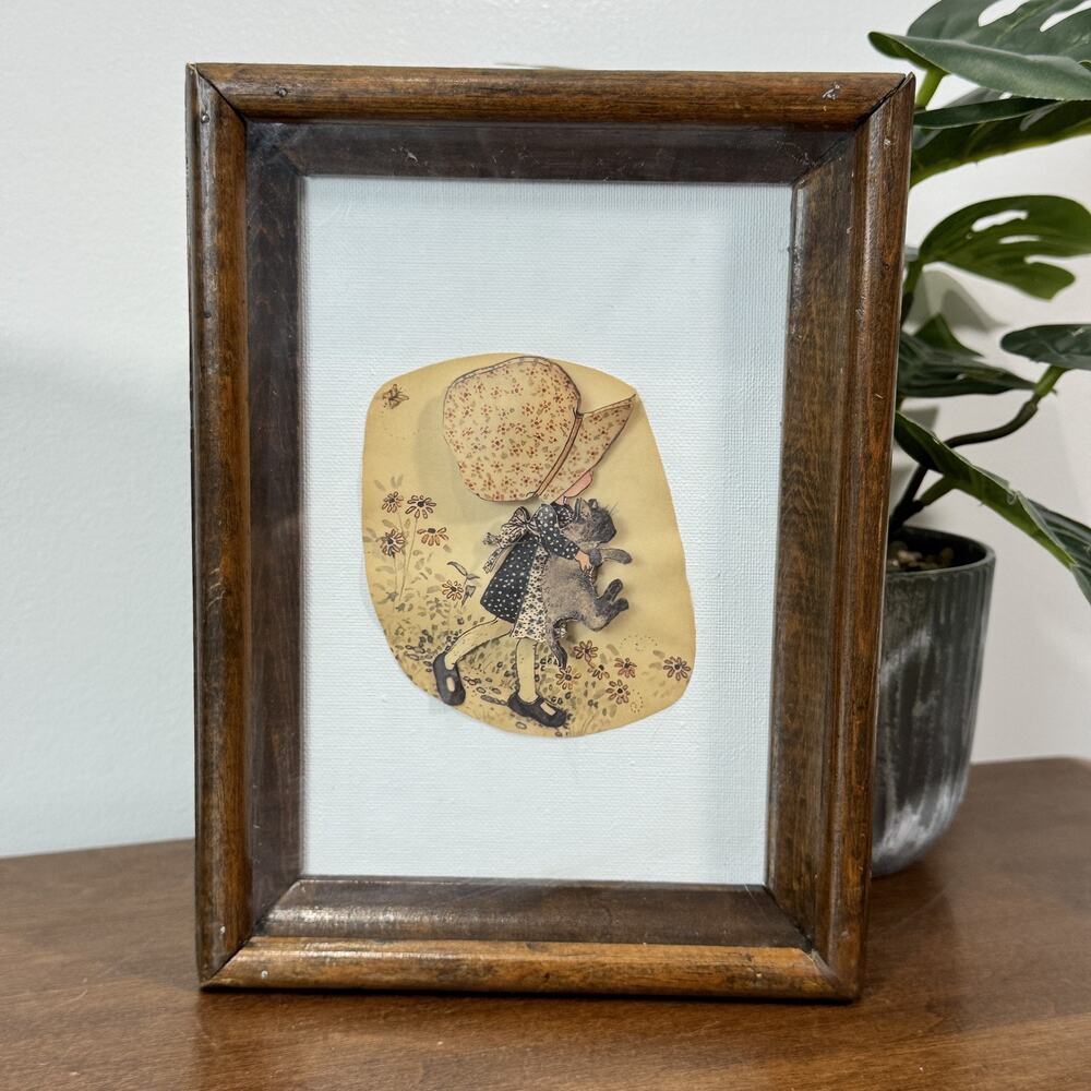 Vintage Framed Nursery Wall Art Shadow Box Little Girl with Cat Floral